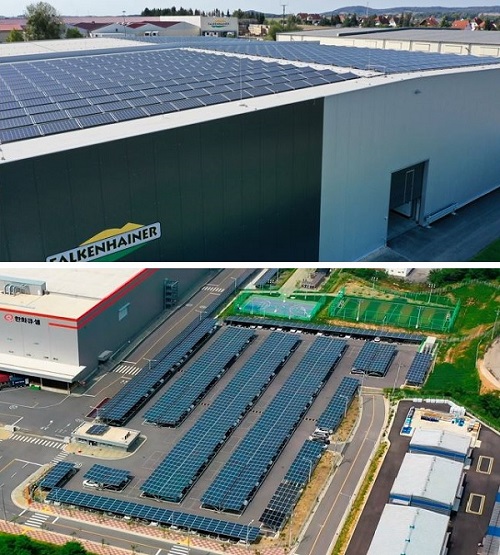 독일 라이프치히 공장에 설치된 한화큐셀 모듈과 한화큐셀 진천공장 주차장 태양광.한화솔루션