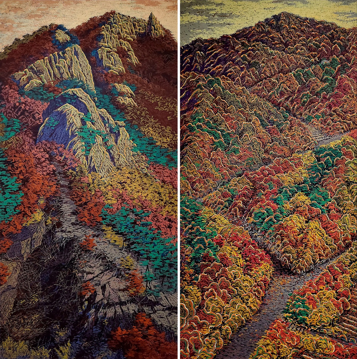 (왼쪽)만추의 용화산, 193.9×97.0㎝, 2021 (오른쪽)만추의 봉의산 길, 193.9×97.0㎝, 2021