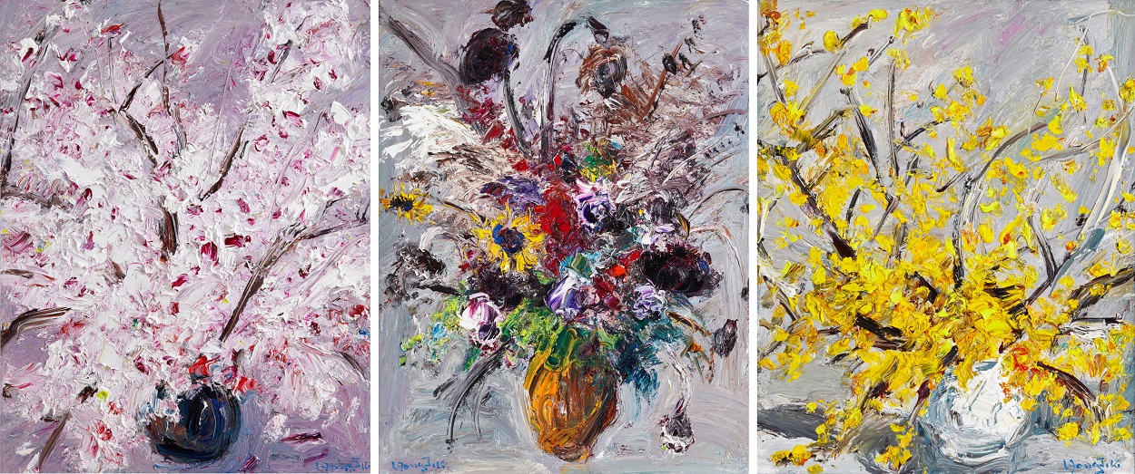 (왼쪽부터)벚꽃, 116×89㎝ Oil on canvas, 2023. February 116×89㎝, Oil on canvas,     2022. 개나리, 92×73㎝ Oil on canvas, 2023