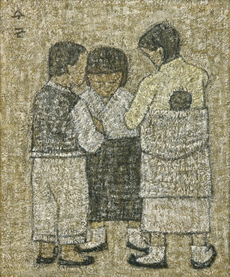 박수근作 '아기 업은 소녀와 아이들' Oil on Canvas, 45.8 x 37.5cm, 1952년│개인소장│ⓒPark Soo Keun. 포스코