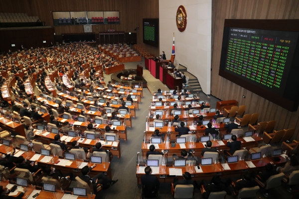 8일 오후 서울 여의도 국회에서 열린 본회의에서 중대재해 처벌 등에 관한 법률안(대안)이 가결되고 있다. 뉴시스