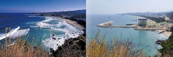 삼척문화관광 홈페이지에 있는 맹방해변 과거 사진(왼쪽)과 지난 26일 촬영한 맹방해변(오른쪽)의 모습.
