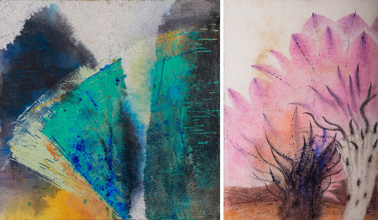(왼쪽)Blue Daun Mountain-푸른 새벽 산, 76.2×76.2㎝ Mixed media on paper canvas, 2022  (오른쪽)Cactus Flower, 46×81.2㎝ mixed media on paper canvas, 2015