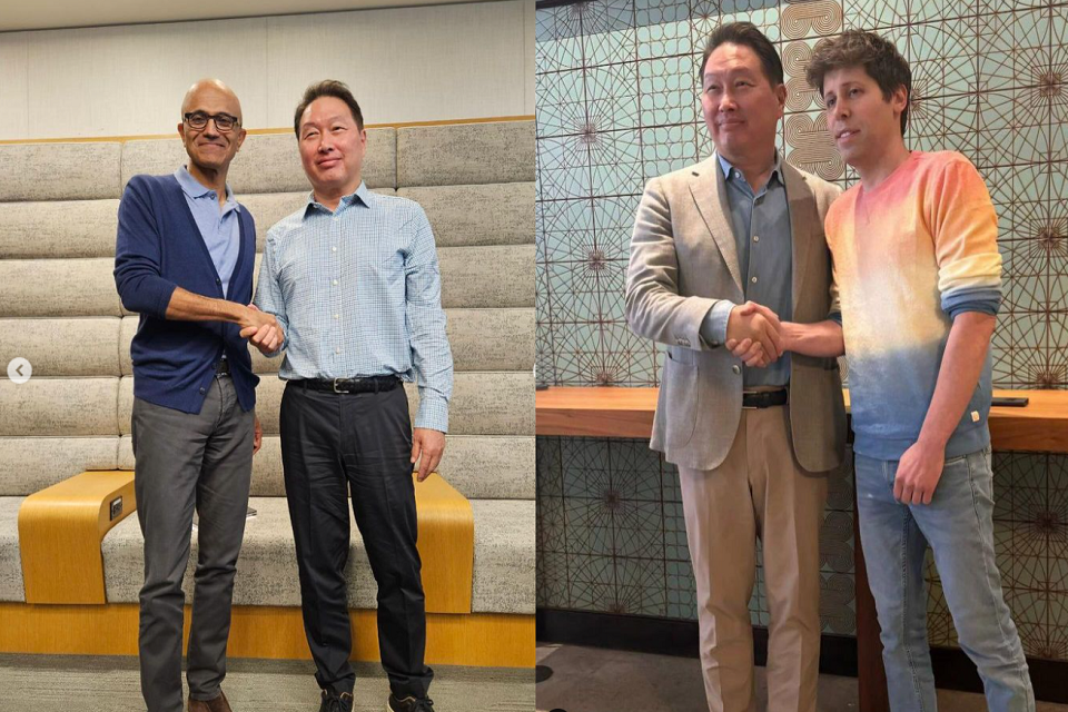 최태원 회장은 미국 샌프란시스코 오픈AI 본사에서 사티아 나델라(왼쪽) CEO, 샘 올트먼 CEO를 만나 양사 간 협력 방안 및 급변하는 AI 기술과 산업의 미래에 대해 논의했다.<최태원 회장 인스타그램 캡처>