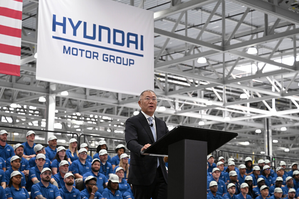 정의선 현대자동차그룹 회장이 지난 3월 열린 ‘현대자동차그룹 메타플랜트 아메리카(HMGMA)’ 준공식에서 환영사를 하고 있다.<현대자동차그룹>