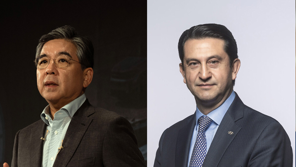 장재훈(왼쪽) 현대자동차 부회장과 호세 무노스 현대자동차 사장.<현대자동차그룹>